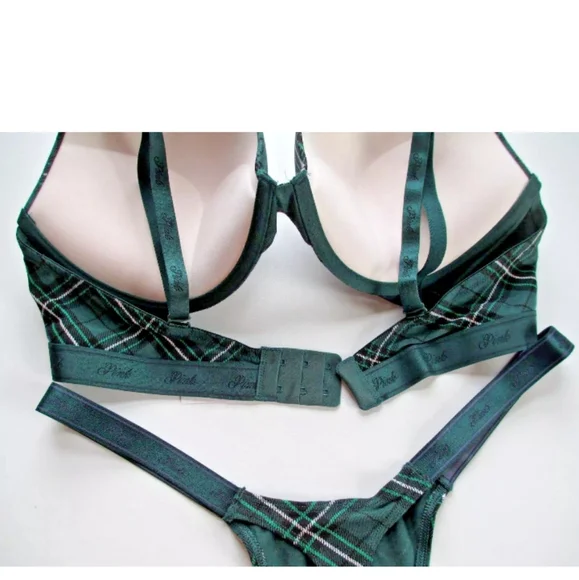 VICTORIA'S SECRET PINK Super Push-Up Bra & XL Thong Panty Set Green Plaid Cotton